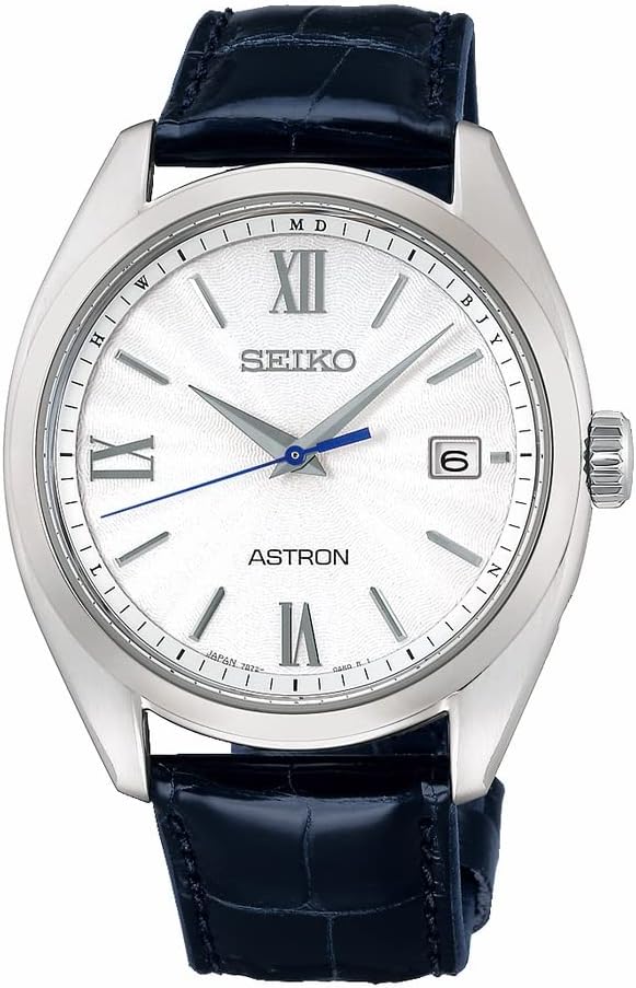 Seiko Watch Astron Original Wristwatch, Solar Radio Wave, Silver/White/Band: Navy (Leather), Elegant