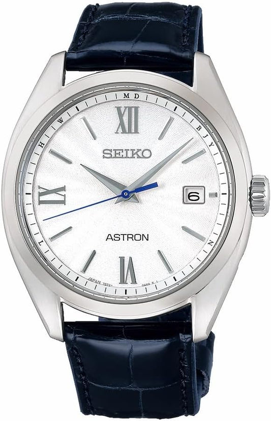 Seiko Watch Astron Original Wristwatch, Solar Radio Wave, Silver/White/Band: Navy (Leather), Elegant