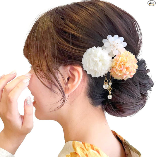 JZOON Hair Ornaments 3-Piece Set, Flowers, Yukata, Coming-of-Age Ceremony, Graduation Ceremony, Fireworks Display, Ping Pong Mom, Pearl, Hair Accessories, Cute, Long Sleeve Hakama, Coming-of-Age