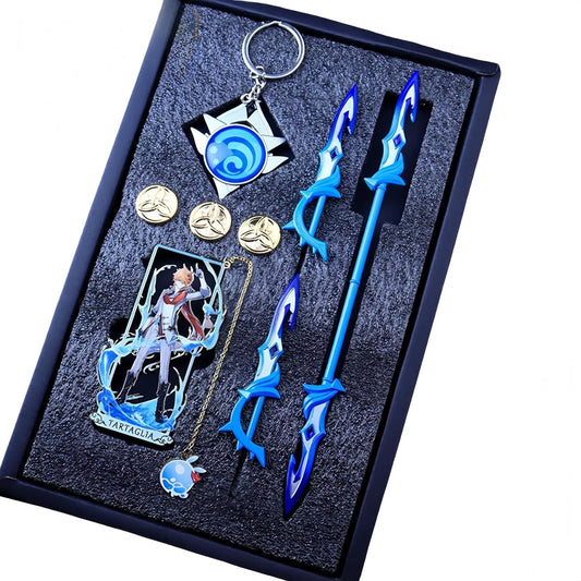 Genshin Impact Arlecchino Minion God's Eye Keychain Weapon Bookmark Gift Box Set Lucky Bag Cosplay Prop Accessory Red Moon Silhouette Model Handmade Goods Birthday Present Goods 6-Piece Set (D