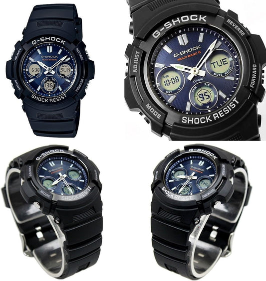 Self-Defense Officer Navy Seals Police Officer G-Shock 200m Water Resistant Radio Solar Analog Digi Plastic Belt Watch for Men (AWG-M100MR-4, AWG-M100SB-2A, AWG-M100S-7A) (AWG-M100SB-2A (AWG-M100SB-2A