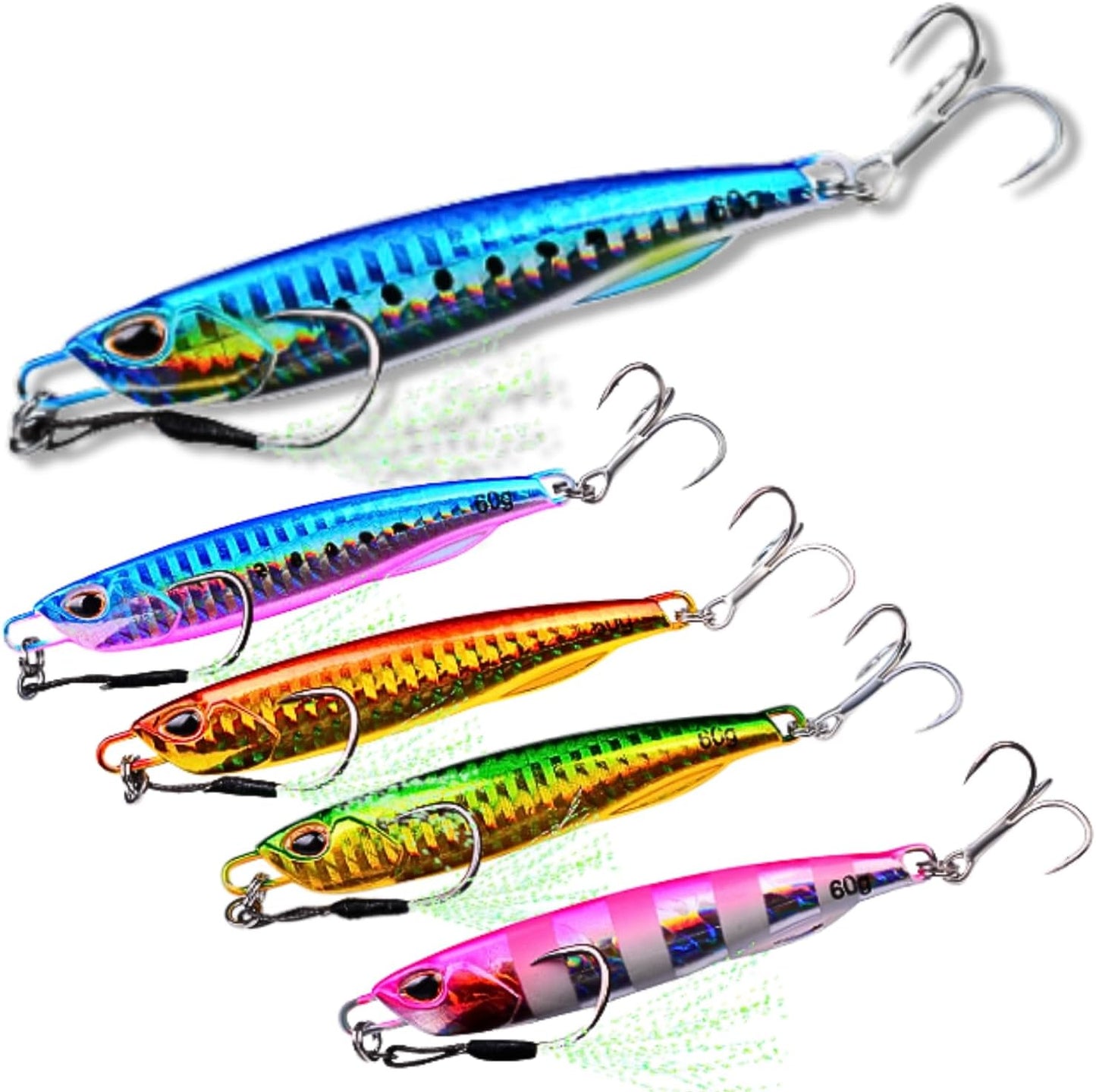 Metal Jig, Popular Color Set, Set of 5, 0.3 oz (10 g), 0.5 oz (15 g), 0.7 oz (20 g), 1.2 oz (30 g), 1.4 oz (40 g), 50 g, 2.1 oz (60 g), Reinforced Assist Hooks with Solid Rings
