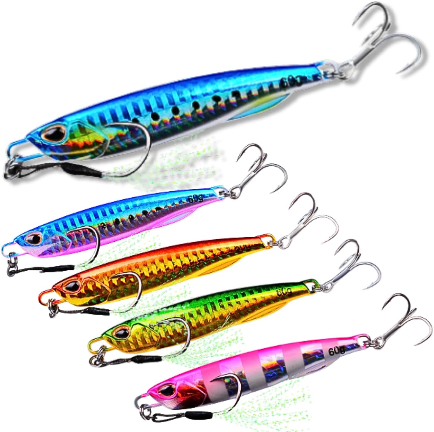 Metal Jig, Popular Color Set, Set of 5, 0.3 oz (10 g), 0.5 oz (15 g), 0.7 oz (20 g), 1.2 oz (30 g), 1.4 oz (40 g), 50 g, 2.1 oz (60 g), Reinforced Assist Hooks with Solid Rings