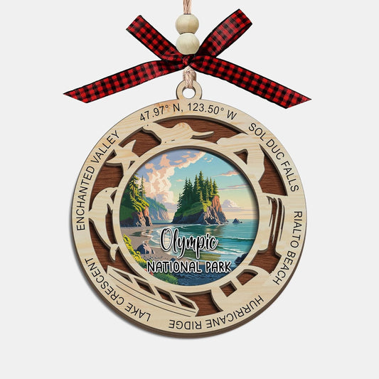 Adorno de Navidad del Parque Nacional Olímpico, diseño de madera cortado con láser de 2 capas, decoración de árbol de vacaciones, regalo de recuerdo de viaje, selva tropical, glaciar y playa