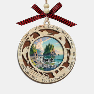 Adorno de Navidad del Parque Nacional Olímpico, diseño de madera cortado con láser de 2 capas, decoración de árbol de vacaciones, regalo de recuerdo de viaje, selva tropical, glaciar y playa