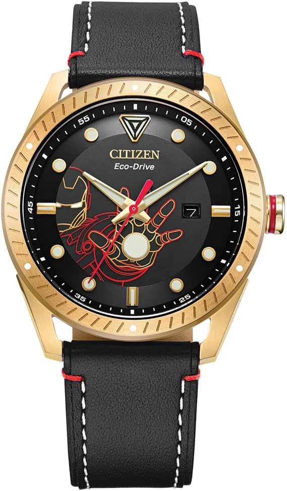 Citizen Eco-Drive Men's Marvel Tony Stark Gold-Tone Stainless Steel Watch, Black Leather Strap Arc Reactor Luminous, 43mm (Model: BM6992-09W), Goldtone, Ironman