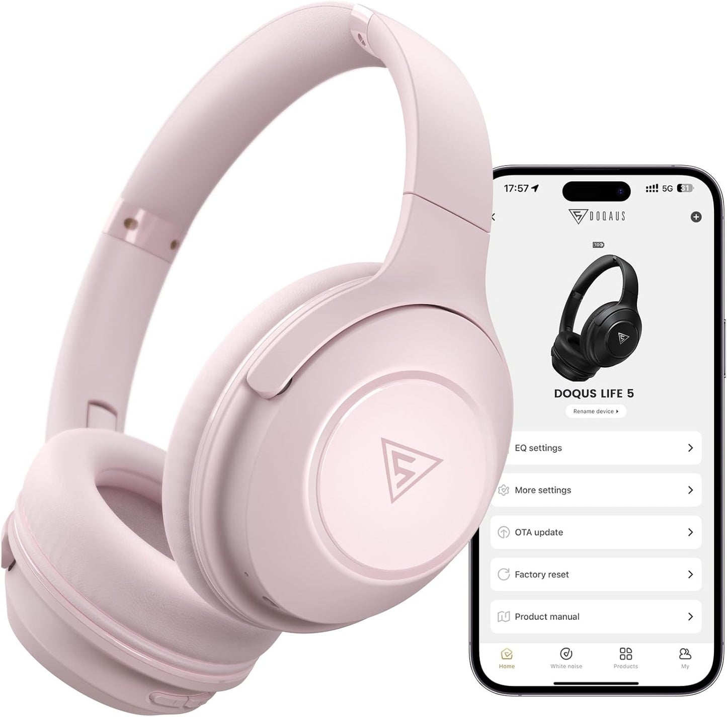 DOQAUS Life5 Bluetooth 5.3 Headphones, Wireless, Up to 70 Hours of Continuous Playback, 3EQ Mode, Dual Wired Wireless, AAC Compatible, Multi-Point Built-in Mic, Sealed Type, Over-Ear, Compatible with