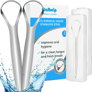 Cafhelp Paquete de 2 raspadores de lengua, 100% acero inoxidable quirúrgico 304, limpiador de lengua para adultos y niños, raspadores de lengua metálicos profesionales para reducir el mal aliento