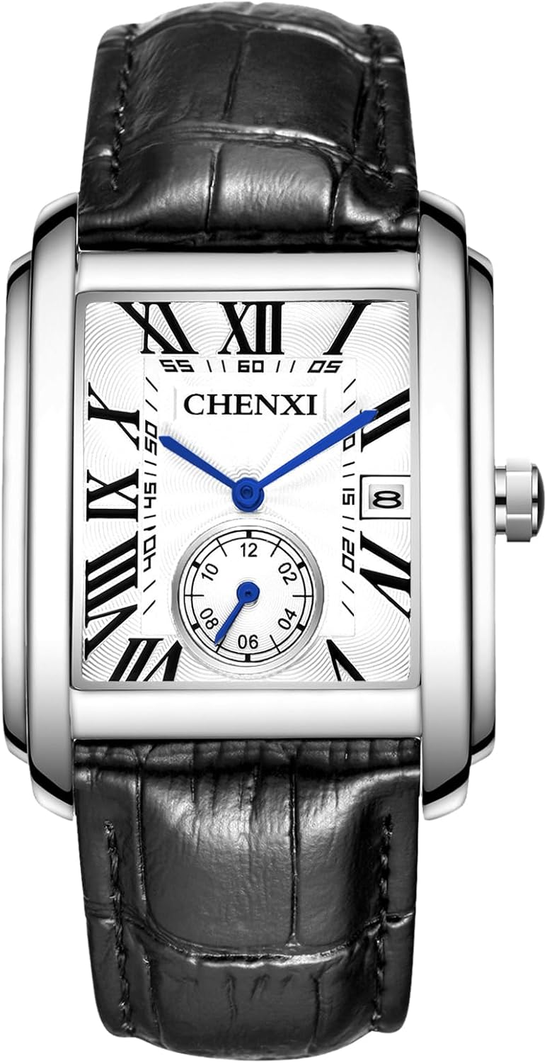 Men's Watch Leather Seiko Copy Watch: Square Dial Hand Wind Wrist Watch Cool Roman Numerals Men Leather Strap Adjustable Wrist Watch Black, Silver, Classic