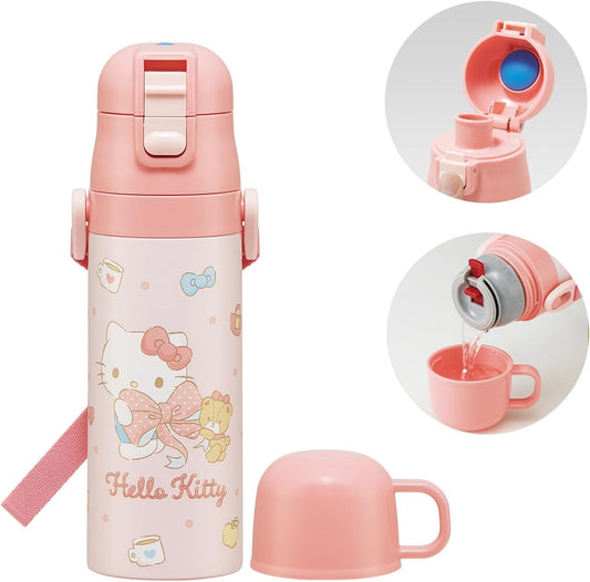 Skater SKDC4 Children's Stainless Steel Water Bottle, 2-Way Direct Drinking, 16.5 fl oz (470 ml), Cup Drinking, 15.2 fl oz (430 ml), Children's Friendly, Lightweight Type, Sanrio, Hello Kitty, Big