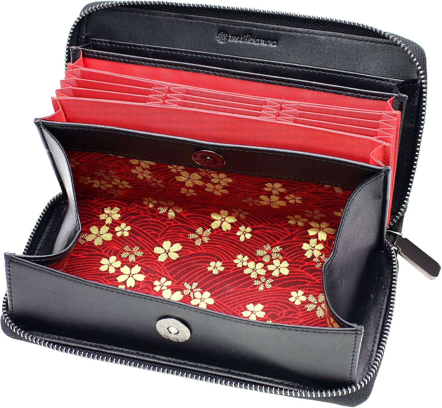 [Charming Leather] Genuine Leather Men's Long Wallet, Jabara-Style, Up to 24 Cards, YKK Zipper, Garcon-Shaped, Carbon Style, Cowhide Leather, Reiwa Specifications, Japanese Pattern, Black (There may