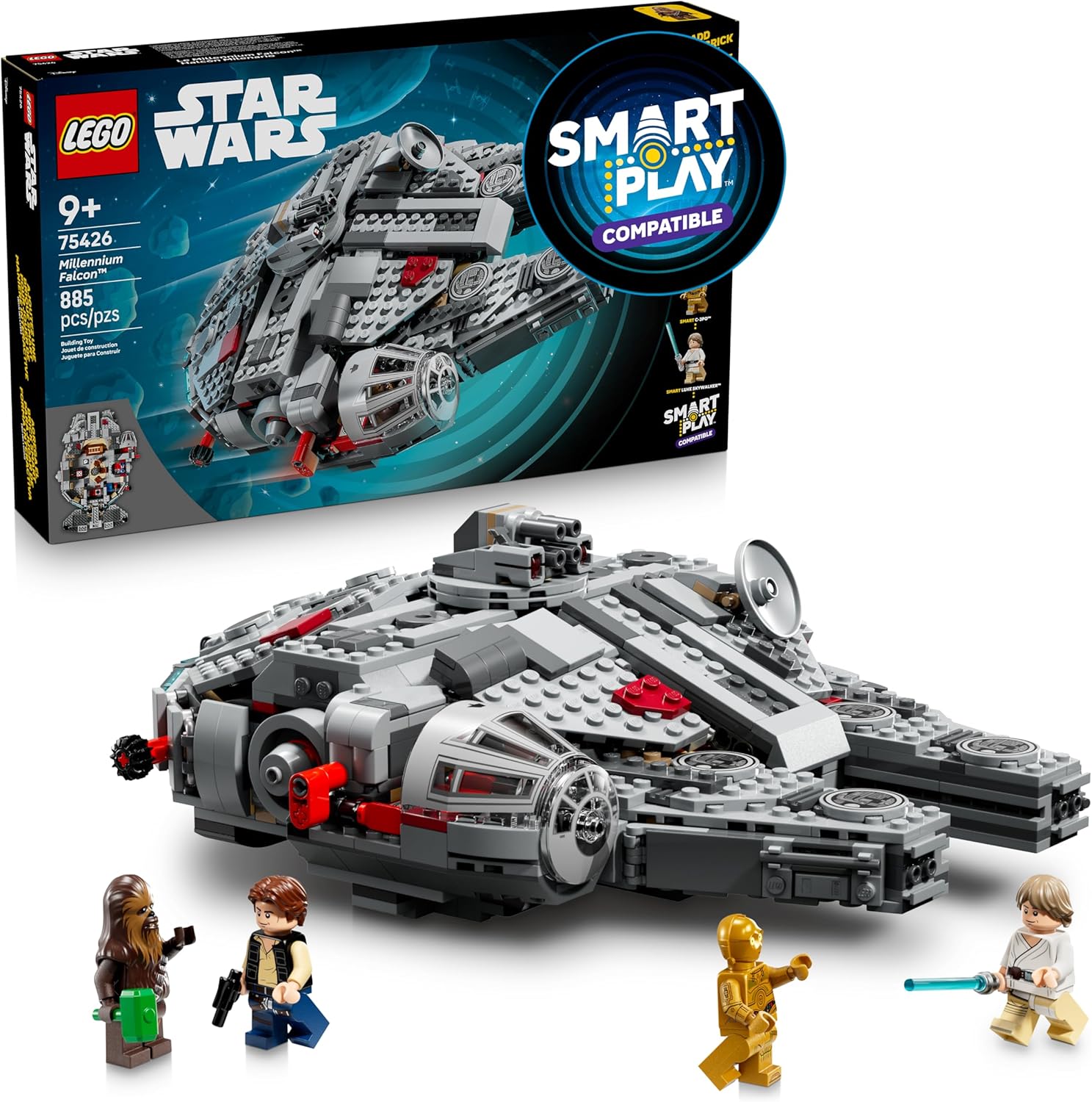 LEGO Star Wars SMART Play: Millennium Falcon Starship Building Toy para niños, juego compatible con 4 etiquetas inteligentes y 4 minifiguras, regalo para niños, niñas y fanáticos a partir de 9 años - 75426
