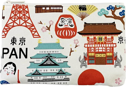 Kyoyu Pouch, Makeup, Cosmetics, Mt. Fuji, Tokyo, Kyoto Raimon, Kinkakuji, Cotton, 7.5 x 4.9 inches (19 x 12.5 cm), Make Up Trinket Case, Hello Nippon, Small, White