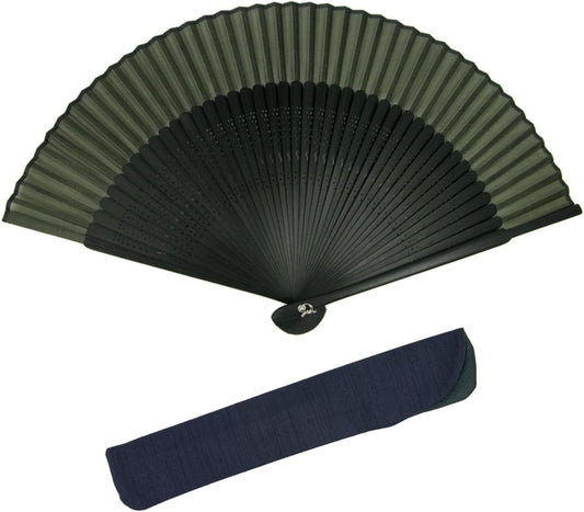 Kyoetsu Men's Folding Fan, Pure Silk, Plain, Black Ribs, 2-Piece Set (Fan and Fan Bag)