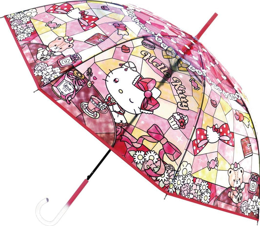Hello Kitty Stained Glass Umbrella, Long Umbrella, 21.7 inches (55 cm), One Touch, Sanrio, Red, Cute