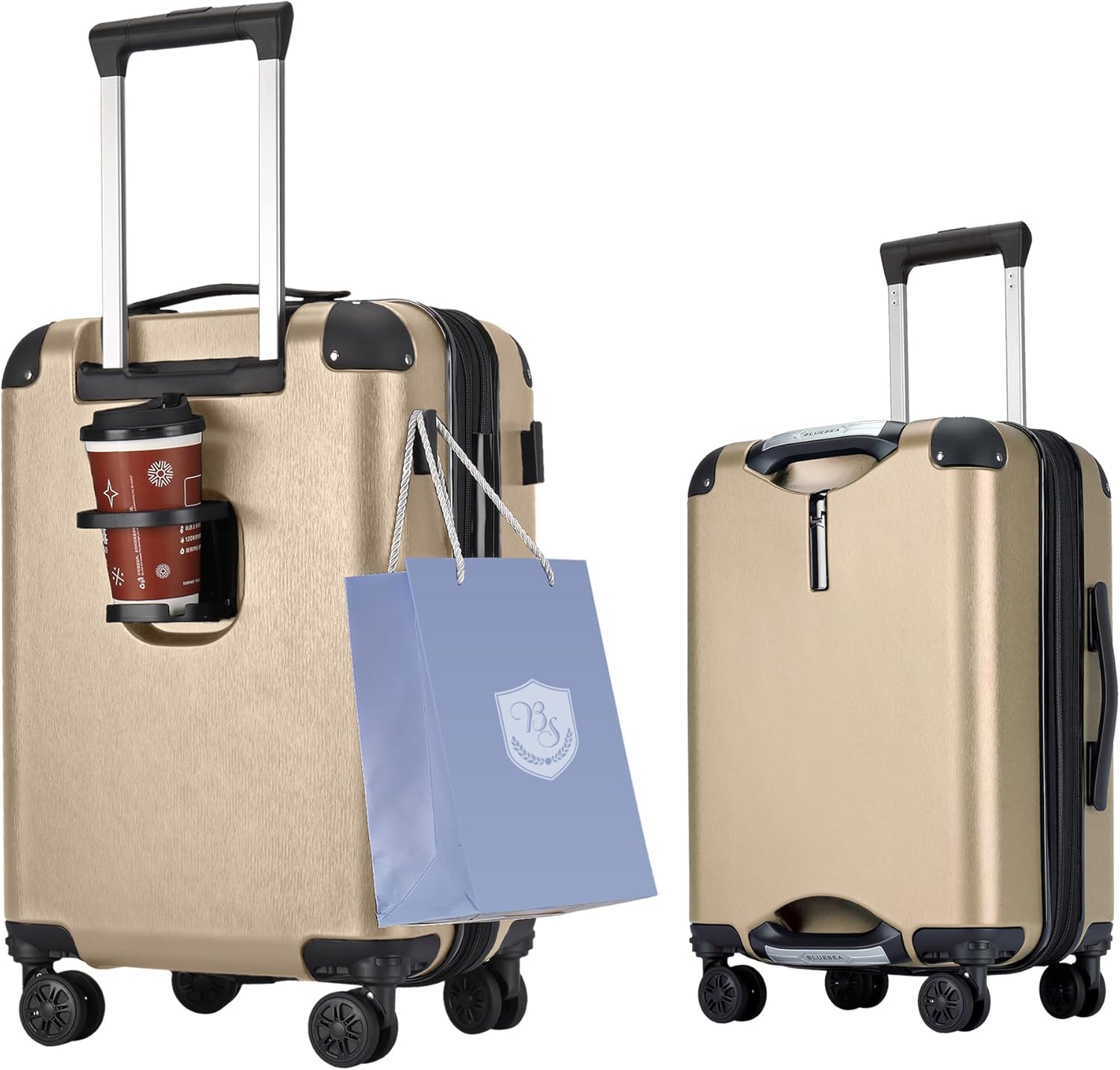 BlueSea BSSC08 Suitcase, Carrying Case, Carry Bag, Carry-on Bag, Grip Function, Expanded Size, 100% PC, TSA Lock, Double Casters with Hook Function, Cup Holder, Silent, Shock Resistant, Ultra