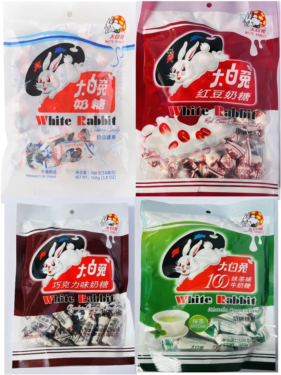 Daihai Rabbit Milk Candy, Original, Azuki Chocolate, Matcha Flavor, 4-Piece Sample Set, White Bunny Milk, Soft Candy