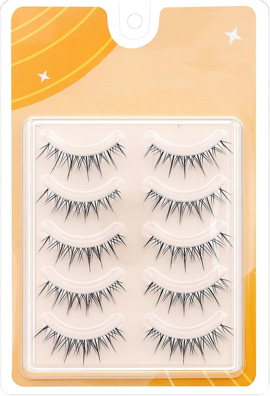 FineGood False Eyelashes, Natural (5 Pair Set), Thin Transparent Shaft, Handmade, Natural Cluster and Transparent Shaft, Makes Your Idle Sparkling Eye Easy, Reusable, Economical, Natural False