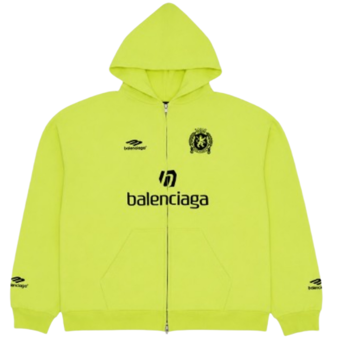 BALENCIAGA 'NEON GREEN' SOCCER LOGO PRINTED ZIP UP HOODIE