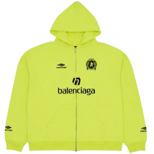 BALENCIAGA 'NEON GREEN' SOCCER LOGO PRINTED ZIP UP HOODIE