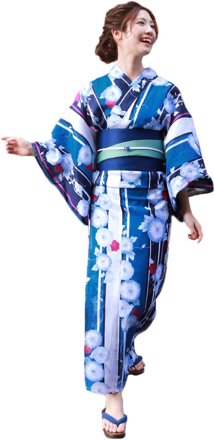 Brilliant Peace "Wanadeshiko" Women's Yukata Set, Blue Green and Navy Blue, Blue Morning Glory, Tokimeki Koi Yukata, 3-Piece Set, Morning Glory, blue green