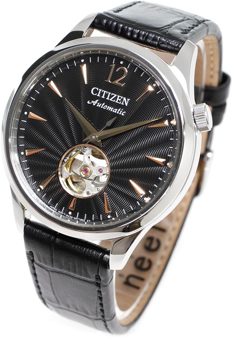 Citizen NH9131-14E Men's Wristwatch, Mechanical, Automatic Winding, Open Heart, See-Through Back, Waterproof, Black, Silver, Classical Modern