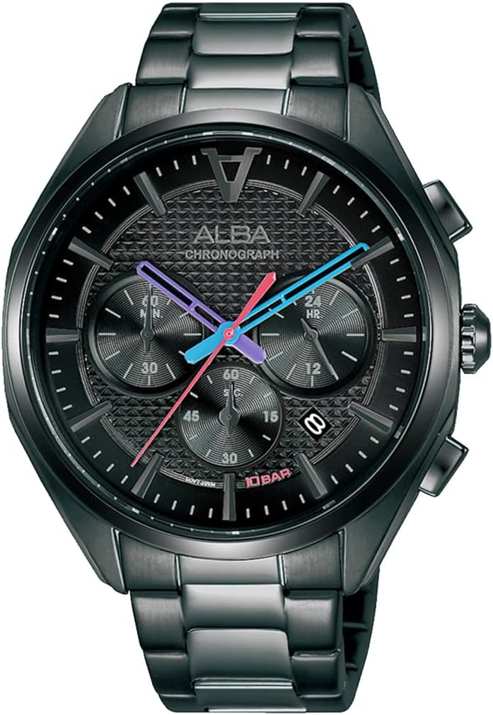 Seiko Alba Chrono Men's Watch, Black, Multi-Hand, Analog, Date, Calendar, Stainless Steel Strap, Bracelet, Men's Watch, Made in Japan Movement