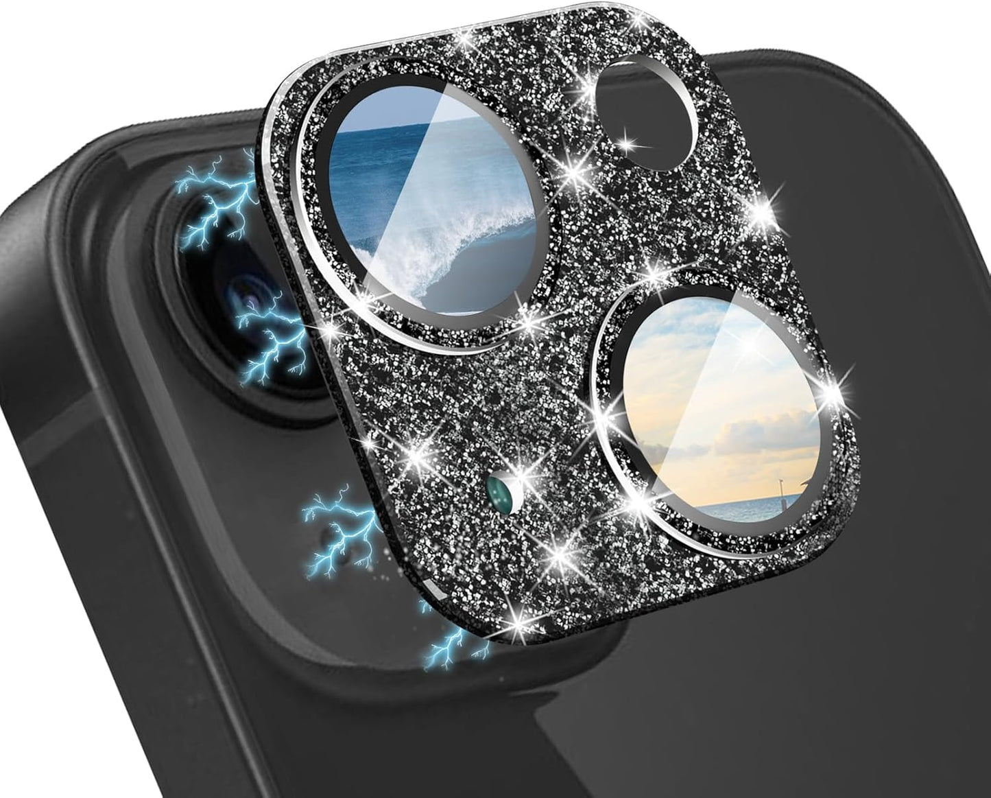 CeiBand Rhinestone Camera Film Compatible with iPhone 15/iPhone 15 Plus Lens Cover, Camera Protection, Aluminum Alloy Border + Tempered Glass】Glitter, Lens Protective Film, High Transmittance,