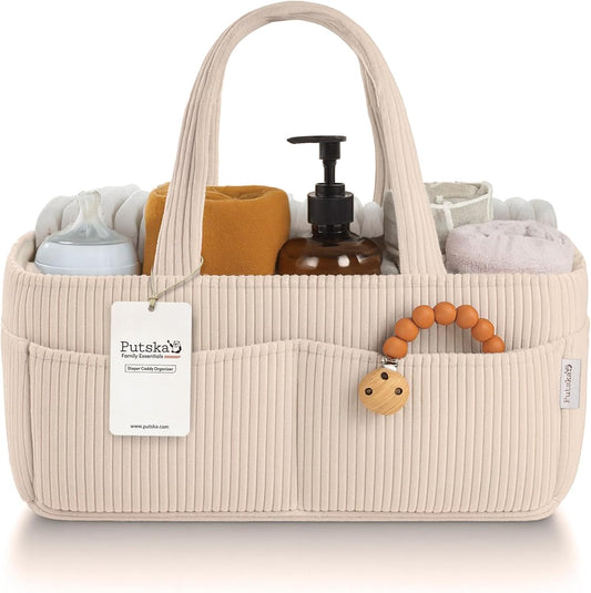 PUTSKA Baby Diaper Caddy Organizer for Changing Table - Stylish Nursery Storage Basket, Newborn Essentials Baby Shower Gifts, Registry Essentials for Boys or Girls, Car Diaper Caddy Corduroy Cream