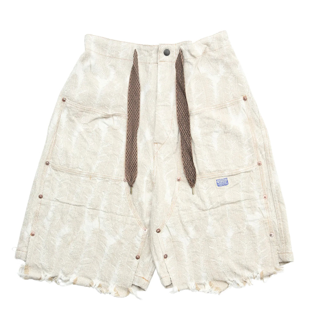 KAPITAL 12 OZ 'MAGPIE' DOUBLE KNEE CREAM DENIM SHORTS