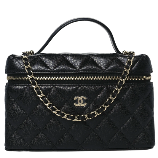 CHANEL 'BLACK' CAVIAR QUILTED TOP HANDLE SLIM VANITY WITH CHAIN
