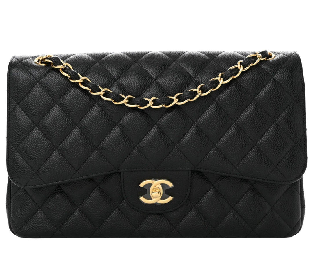 CHANEL 'BLACK' CLASSIC JUMBO DOUBLE FLAP GOLD HARDWARE