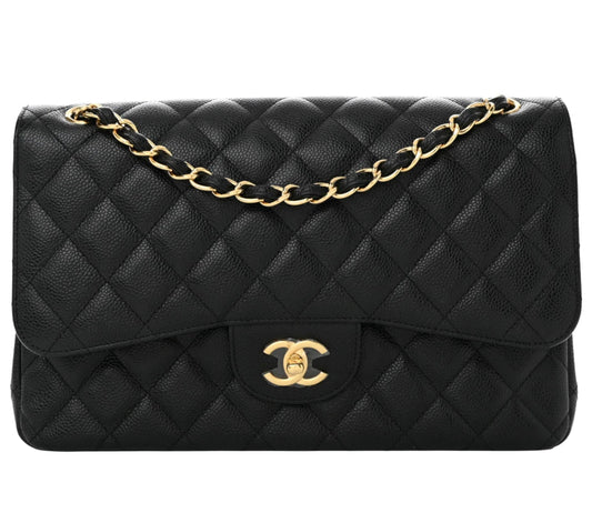 CHANEL 'BLACK' CLASSIC JUMBO DOUBLE FLAP GOLD HARDWARE