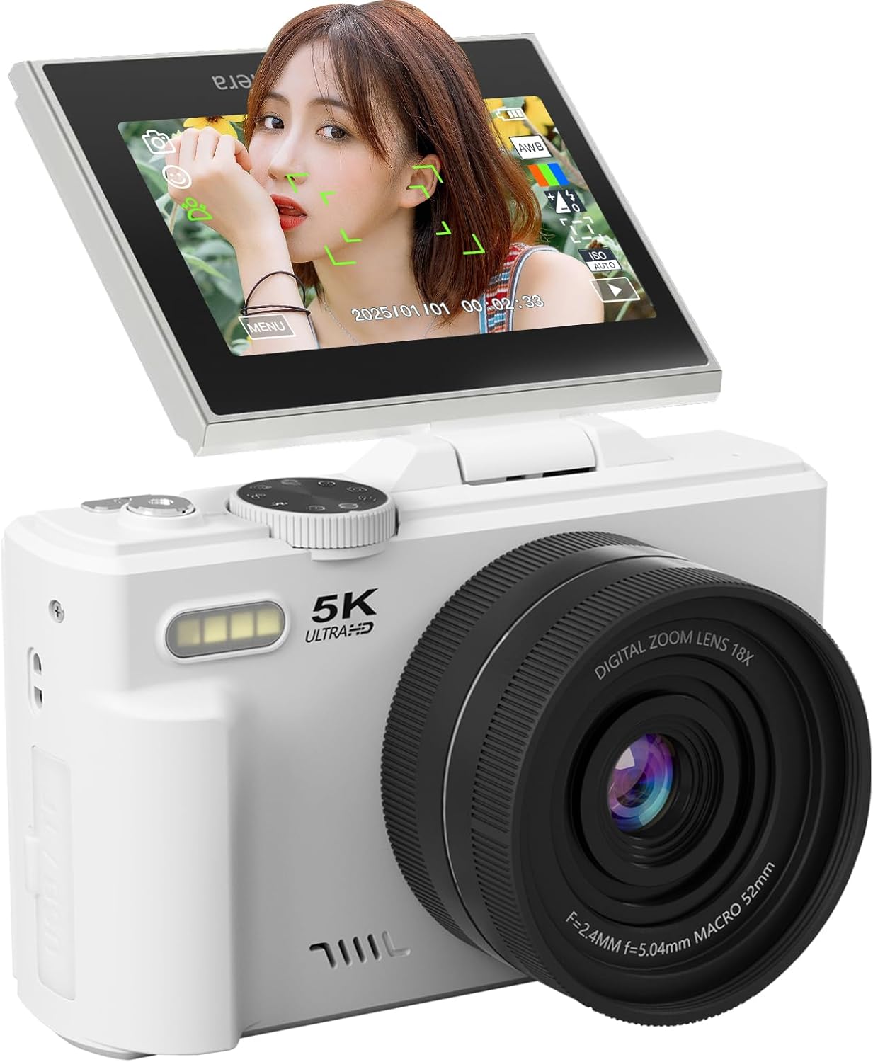 AiMike 5K Digital Camera for Smartphones, Digital Camera, WiFi Transmission Function, 75 Million Pixels, 180 Degree Rotation Display, 64 GB Micro SD Card Included, 18x Digital Zoom, Auto Focus