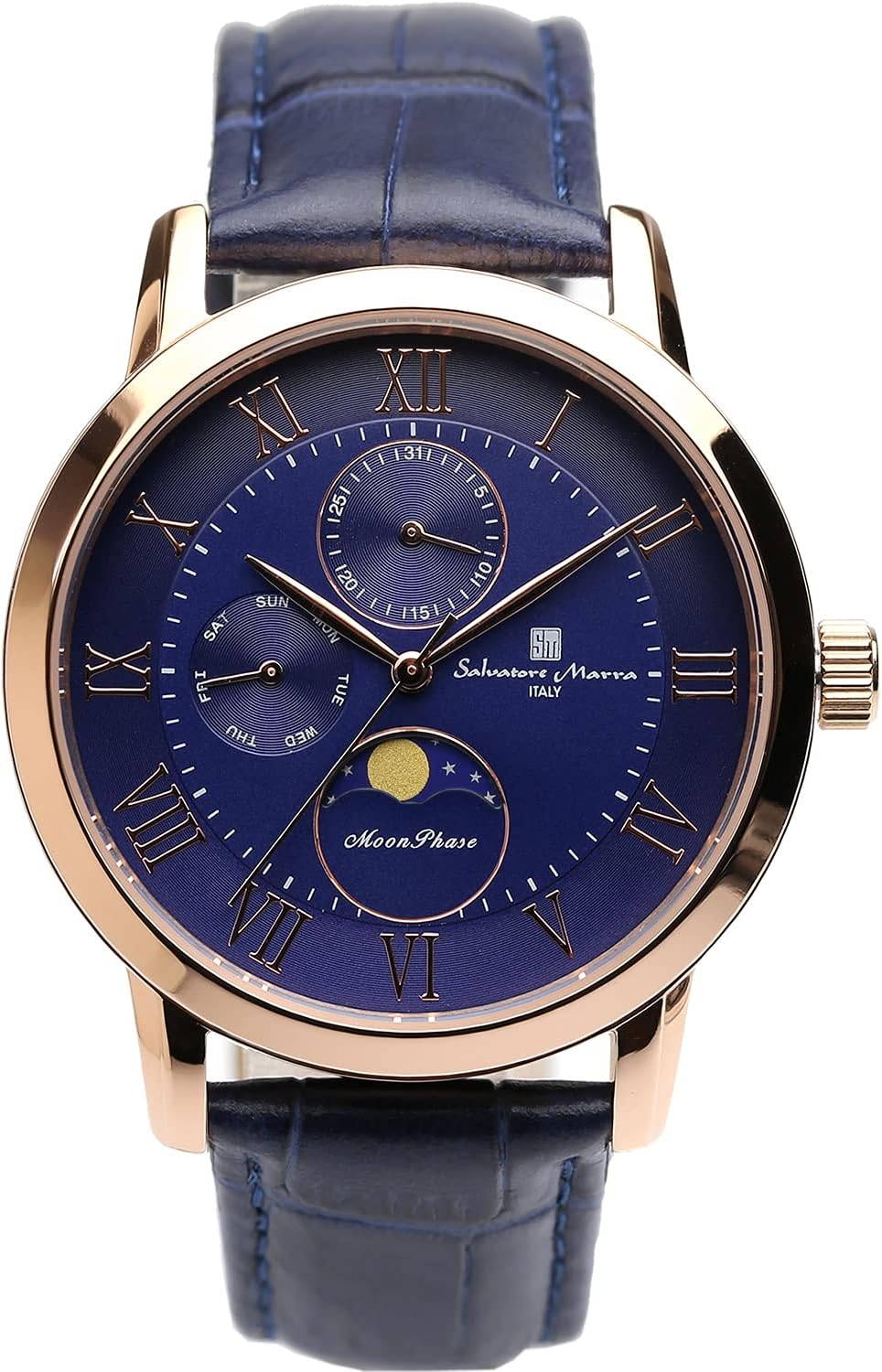 Salvatore Marra Men's Moonphase Multi-Calendar Watch, 5 ATM Waterproof, Business, Formal, Leather Strap, Exclusive Model, Pink Gold, Blue, SM21106-PGBL