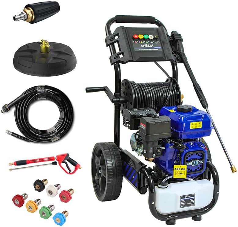 Gaidohエンジン式高圧洗浄機セット組 24MPAガソリンエンジン7.0馬力 純銅製ポンプ9.5L/min 強力自吸 蛇口接続可 溜め水給水可 2L洗浄剤タンク付 給水機能付 標準5つの噴射パターン付 電源不要 初心者でも使用簡単 車輪付タイプ オートチック機能 水道直結 農機具 強力 洗浄 粗皮削り