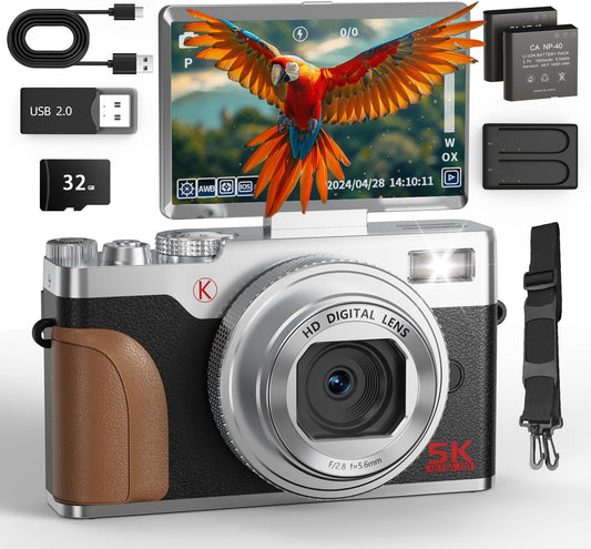 NBD 5K 64MP Digital Camera with 18x Zoom Auto Focus and Image Stabilization Condigi | 3" 180 Flip Screen | LED Flash & Webcam Function | 32GB Micro SD Card & 2 Batteries (Silver)