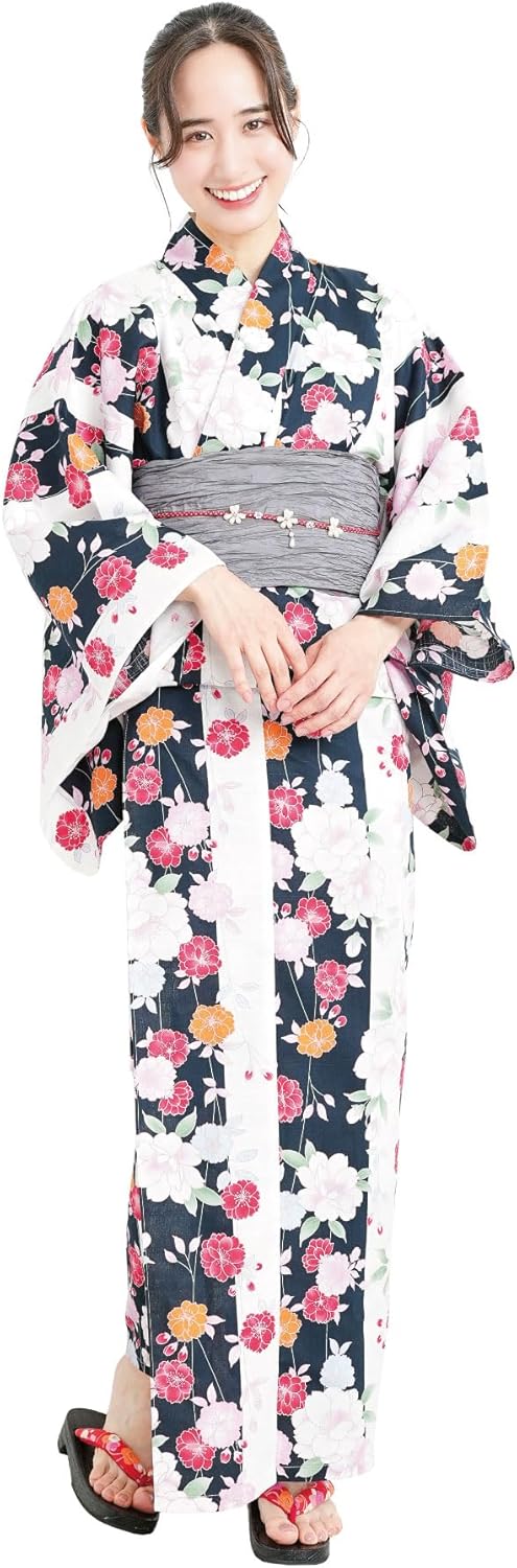 Nishiki Yukata, 2-piece Set, Yukata + Sash, Women's, Adult, Tailored Tie, Bands, One Size Fits Most, Fireworks Display, Retro Modern, Floral Pattern, Japanese Pattern
