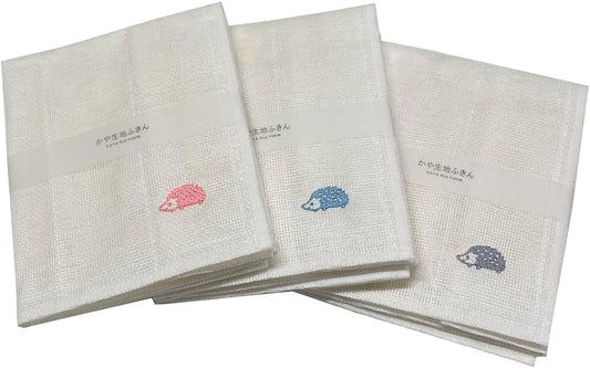 Kaya Fabric Dish Towel 3 Piece Set Cute Hedgehog Pattern Embroidery 3 Colors Made in Japan 11.8 x 11.8 inches (30 x 30 cm) Mosquito Net Dish Towel Kitchen Utensils Kitchen Utensils Kitchen Cloth