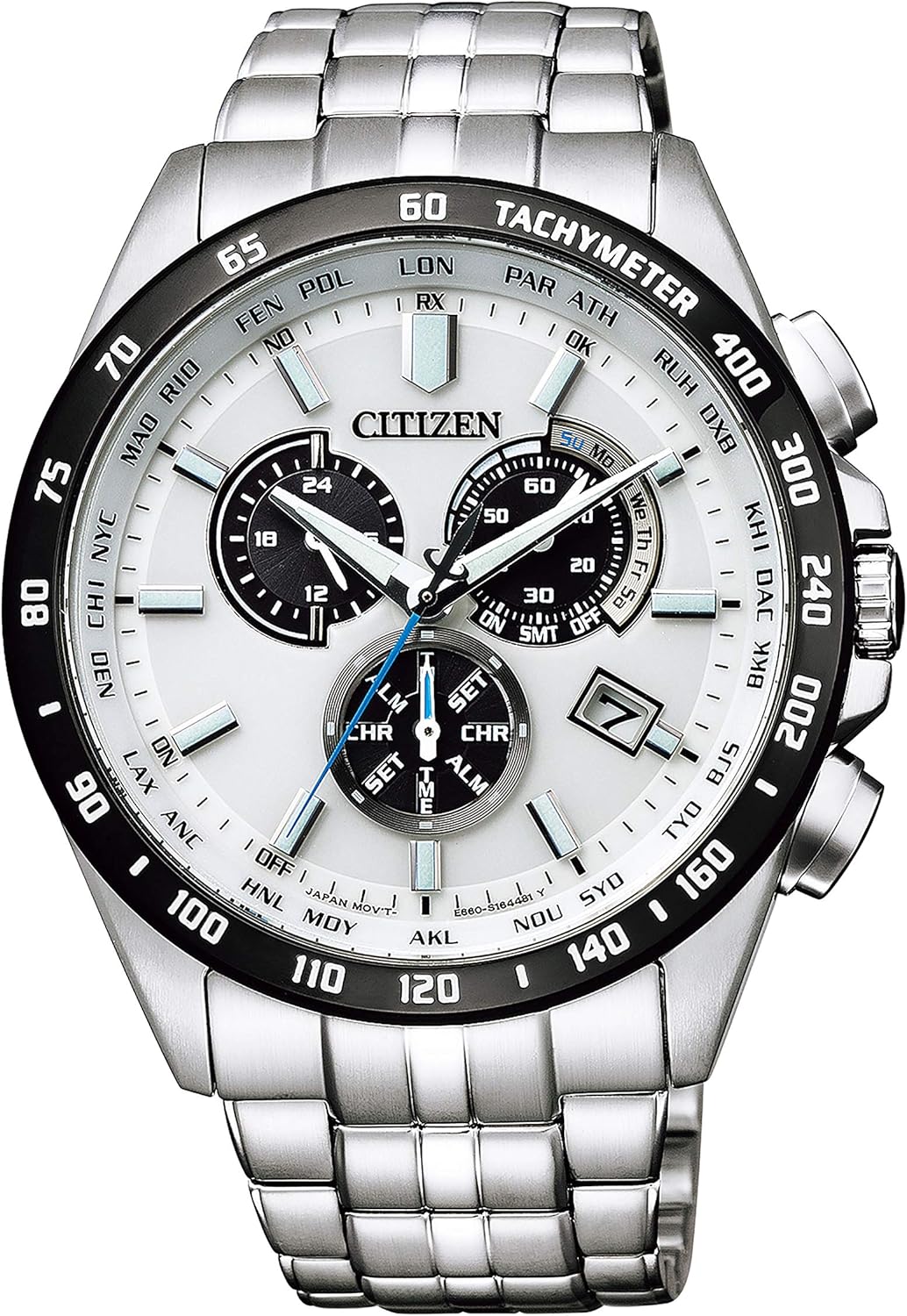 CITIZEN Collection CB5874-90A Wristwatch, Eco-Drive Radio Watch, Chronograph, Sapphire Crystal, World Time Yesterday, Date Display, Business, Casual, Solar, White, Silver