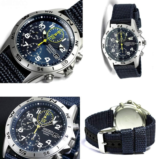 Navy Police Officer Self-Defense Officer Civil Servant SEIKO 100M Waterproof Chronograph Nylon Strap Watch for Men (SND377R SND399P SND379R) (SND379R)