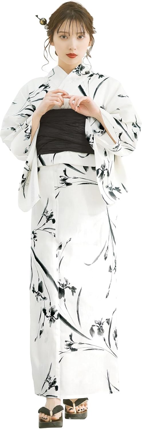 Dita Women's Yukata, 5-piece Set, Waist Belt, Black, White, Monotone, Watercolor, Japanese, Simple, Elegant, Easy to Wear by One Person