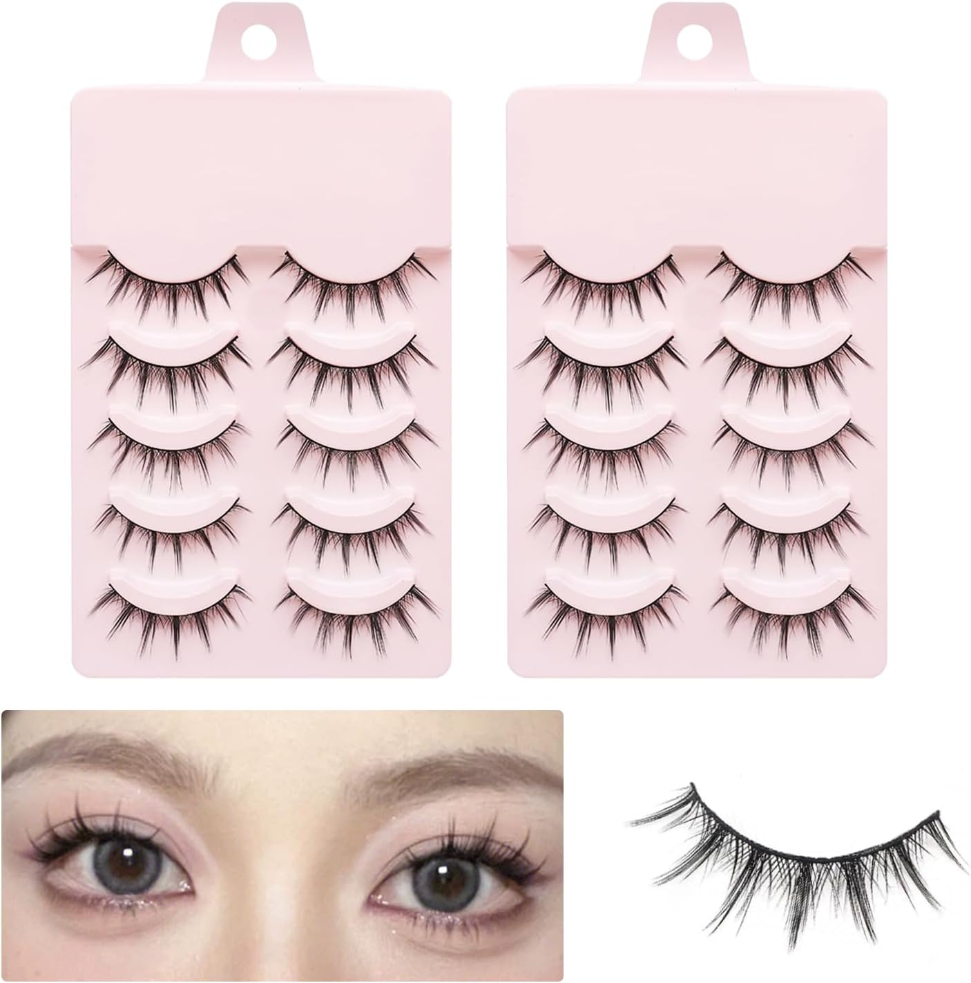False Eyelashes, 10 Pairs Set, 2 Pack False Eyelashes, Natural Eyes, 009 Devil Style, Transparent Band, Comfortable to Wear, Crisp Cluster Effect, Easy to Makeup, Popular, Daily Wear, Cosplay