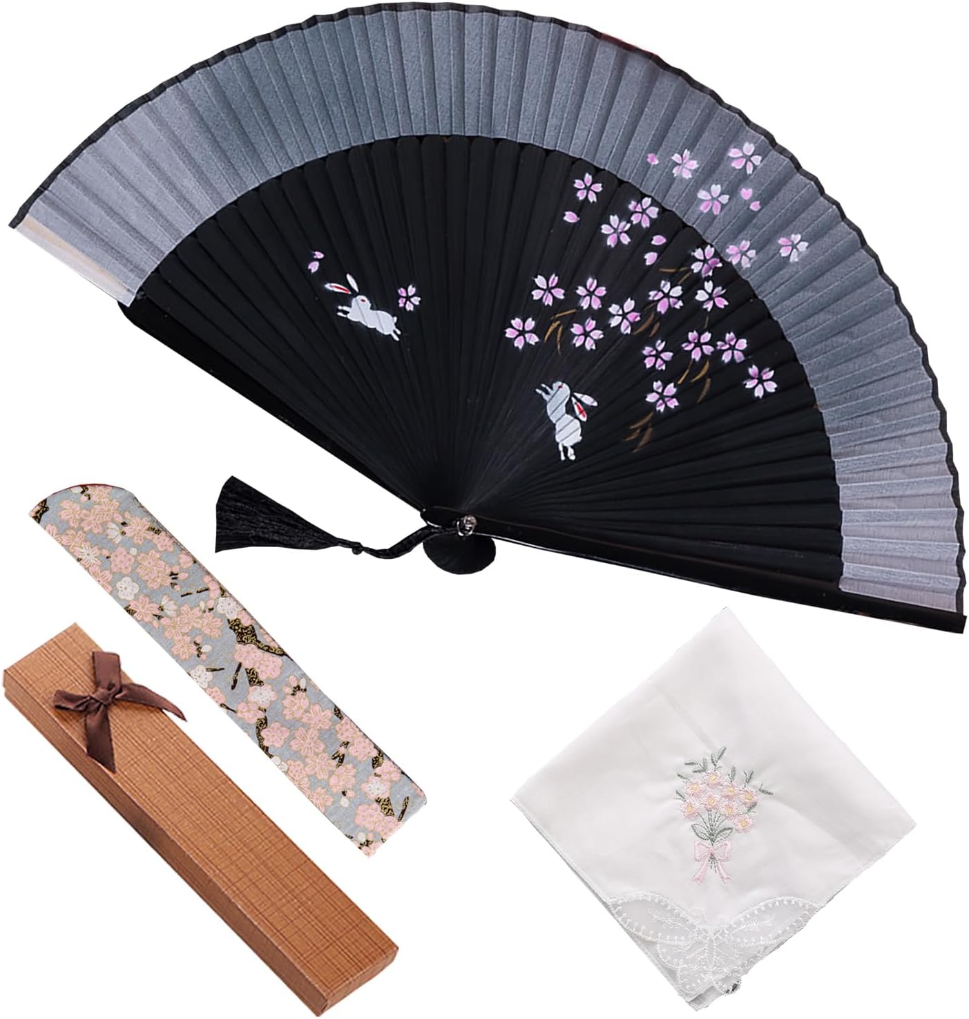 Jinchuan Women's Folding Fan, Luxury Business Fan Holder with Handkerchief Set, Cherry Blossom Rabbit, Japanese Style, Original Design