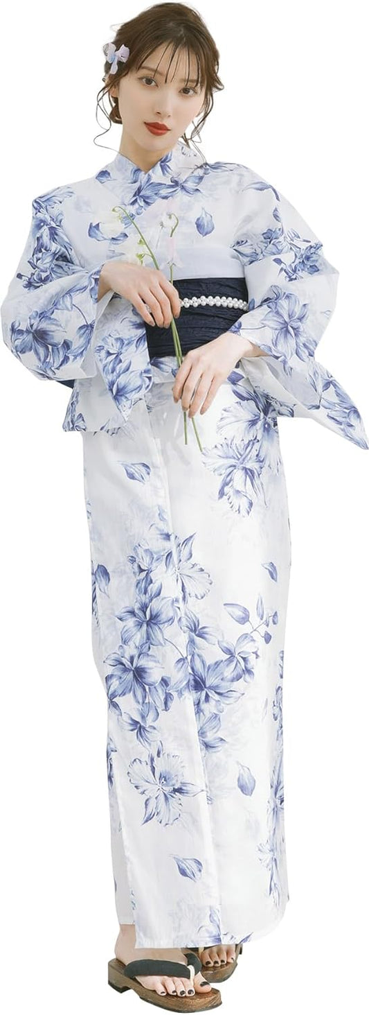 Dita Women's Yukata, 5-piece Set, Waist Belt, Blue, White, Navy, Watercolor, Transparent, Flowers, Easy to Wear by One Person