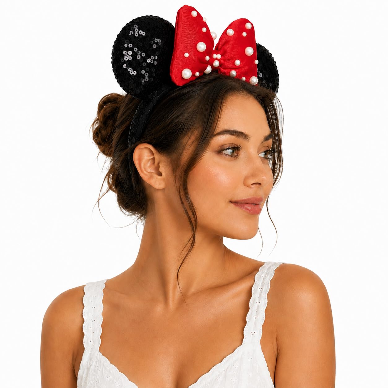 Diadema de terciopelo 3D con orejas de ratón con cuentas de perlas, lazo rojo con lentejuelas, diadema de fiesta en el parque para mujeres y niñas