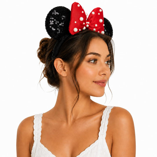 Diadema de terciopelo 3D con orejas de ratón con cuentas de perlas, lazo rojo con lentejuelas, diadema de fiesta en el parque para mujeres y niñas