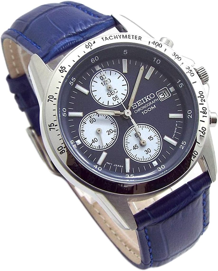 Seiko SND365P1-BL Chronograph Watch, Genuine Leather Strap Set, Genuine Seiko Distributed Product, Navy Blue Strap, blue