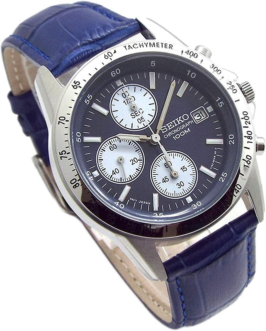 Seiko SND365P1-BL Chronograph Watch, Genuine Leather Strap Set, Genuine Seiko Distributed Product, Navy Blue Strap, blue