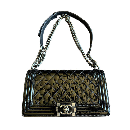 CHANEL PATENT BLACK MEDIUM BOY FLAP BAG
